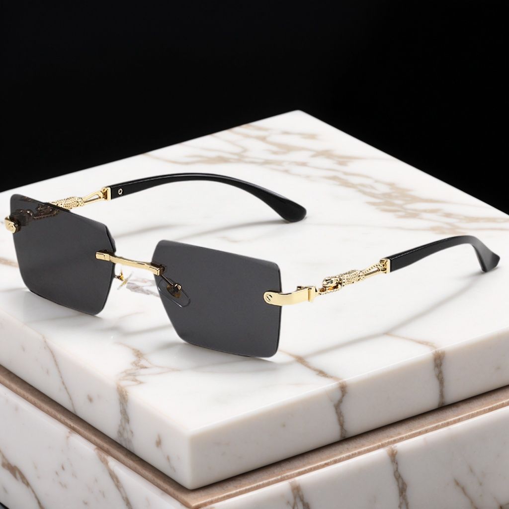 Retro Luxury Gold Metal Frameless Rectangle Leopard Arms Colored Lens Sun Glasses