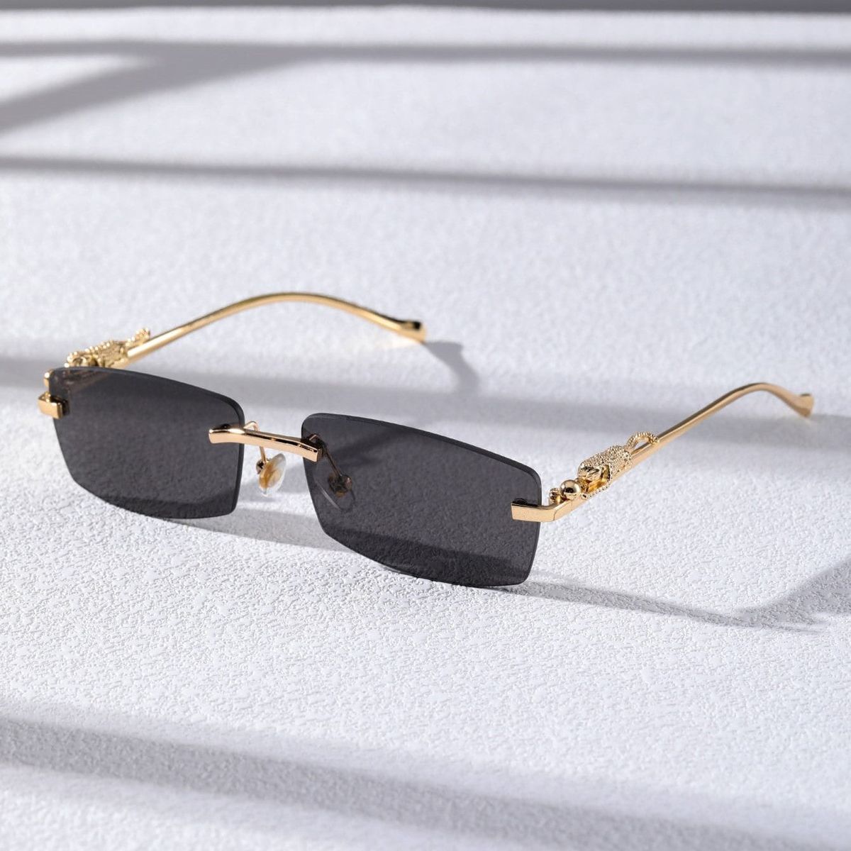 Retro Luxury Gold Metal Frameless Rectangle Leopard Arms Colored Lens Sun Glasses